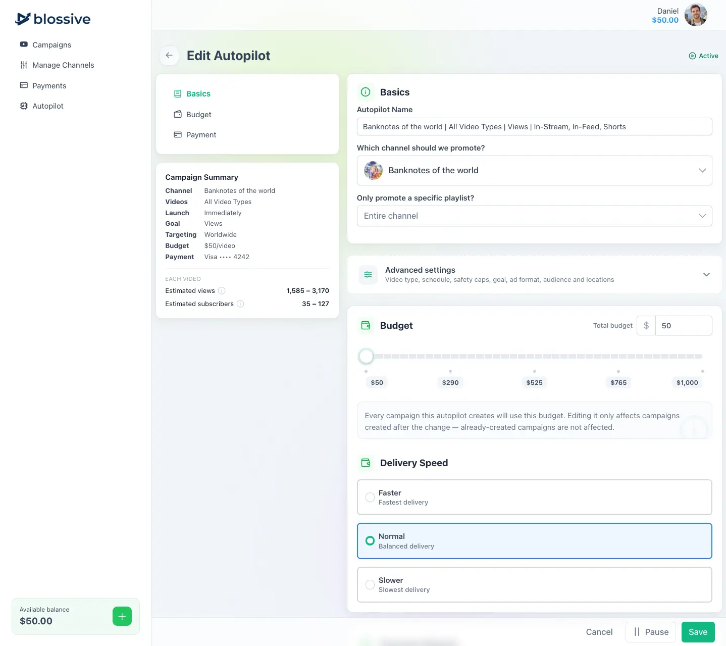 Edit Autopilot form with channel, budget per video, delivery speed and a Campaign Summary with estimated views and subscribers per video