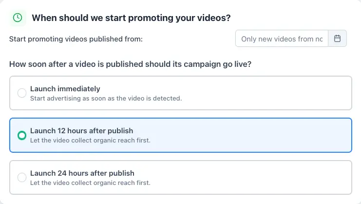 Launch timing: a start date, then launch immediately, 12 hours or 24 hours after publishing
