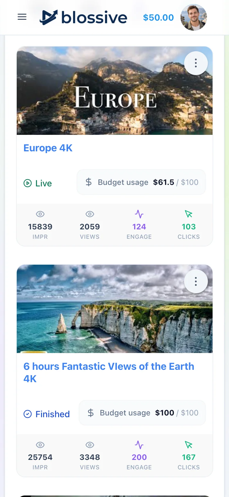 Blossive dashboard: YouTube ad campaigns with status, impressions, views, clicks and spend at a glance