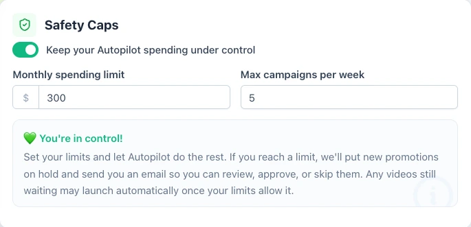 Safety Caps: monthly spending limit and maximum campaigns per week