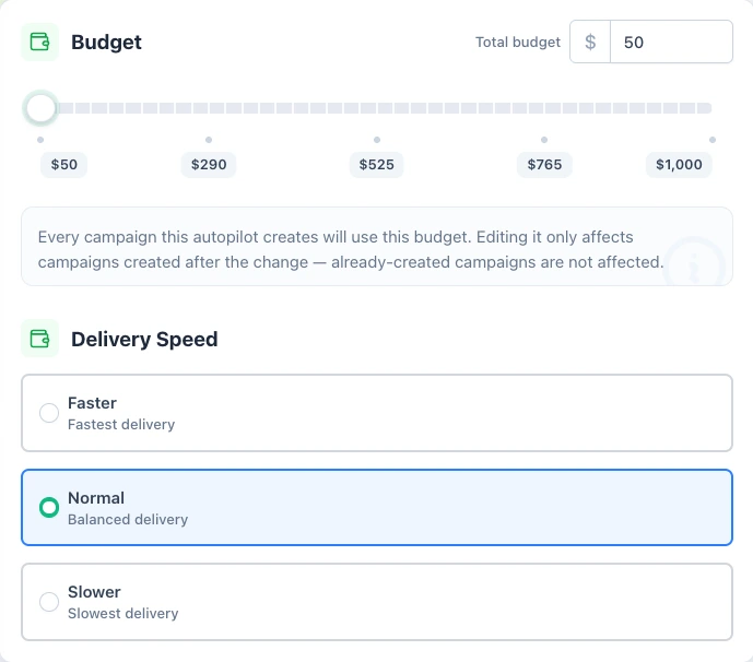 Budget per video with a slider and Delivery Speed options Faster, Normal and Slower