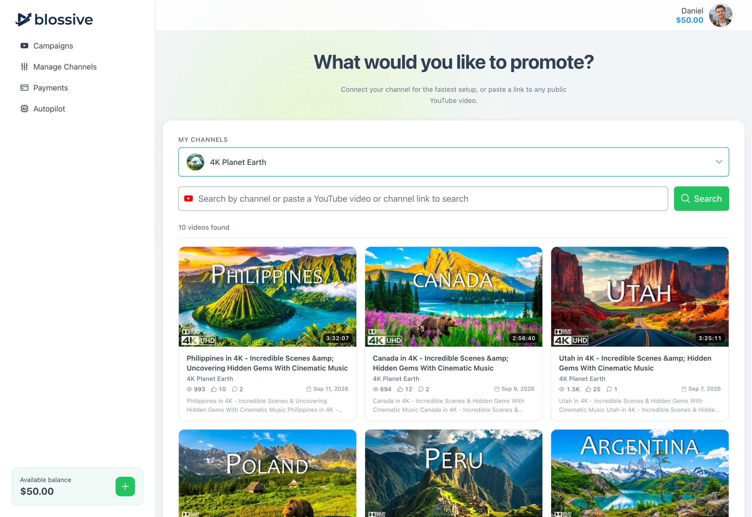 Blossive campaign start screen: pick a video from your connected YouTube channel or paste a link