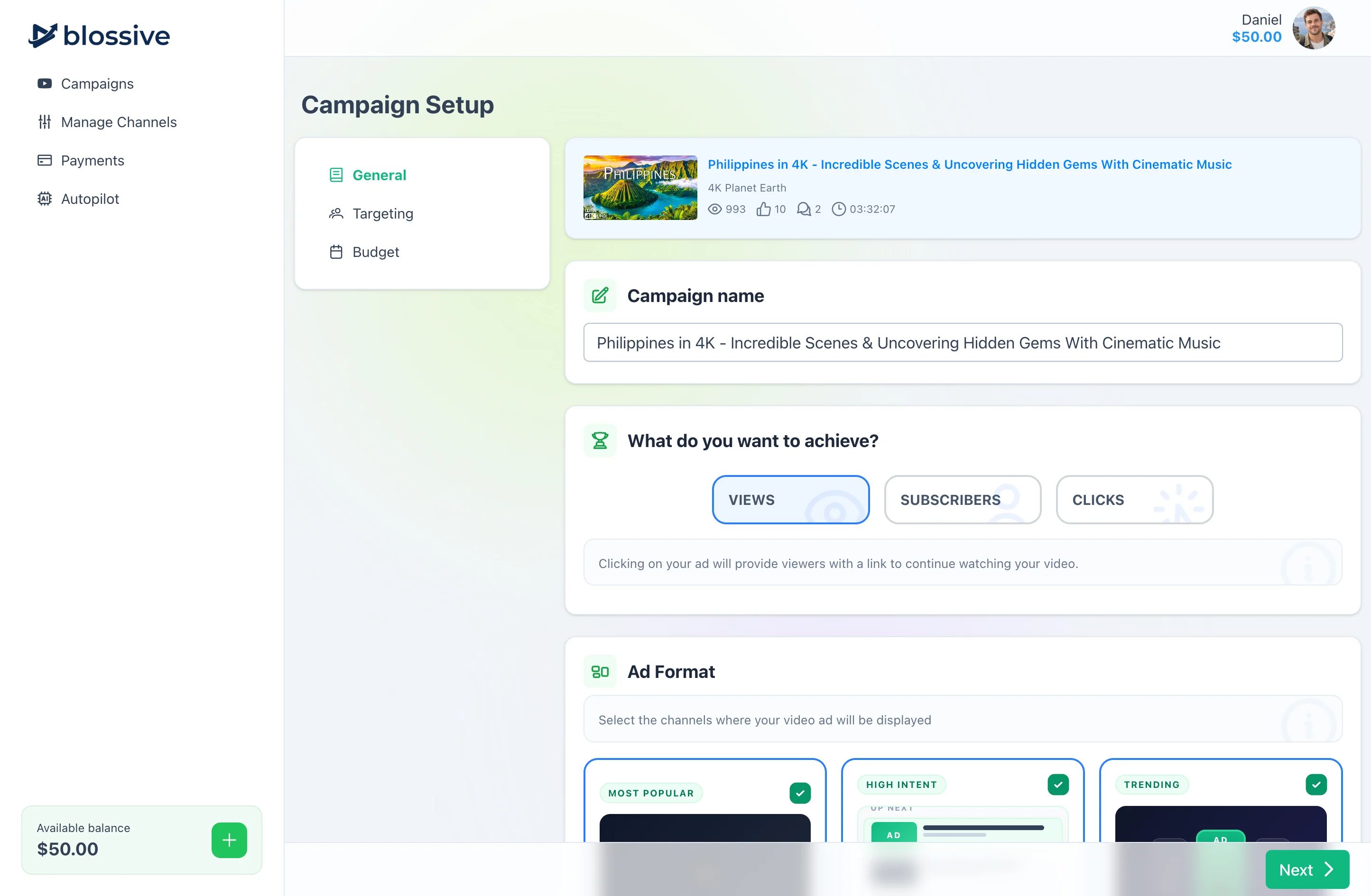 Choosing the campaign goal and ad formats in Blossive